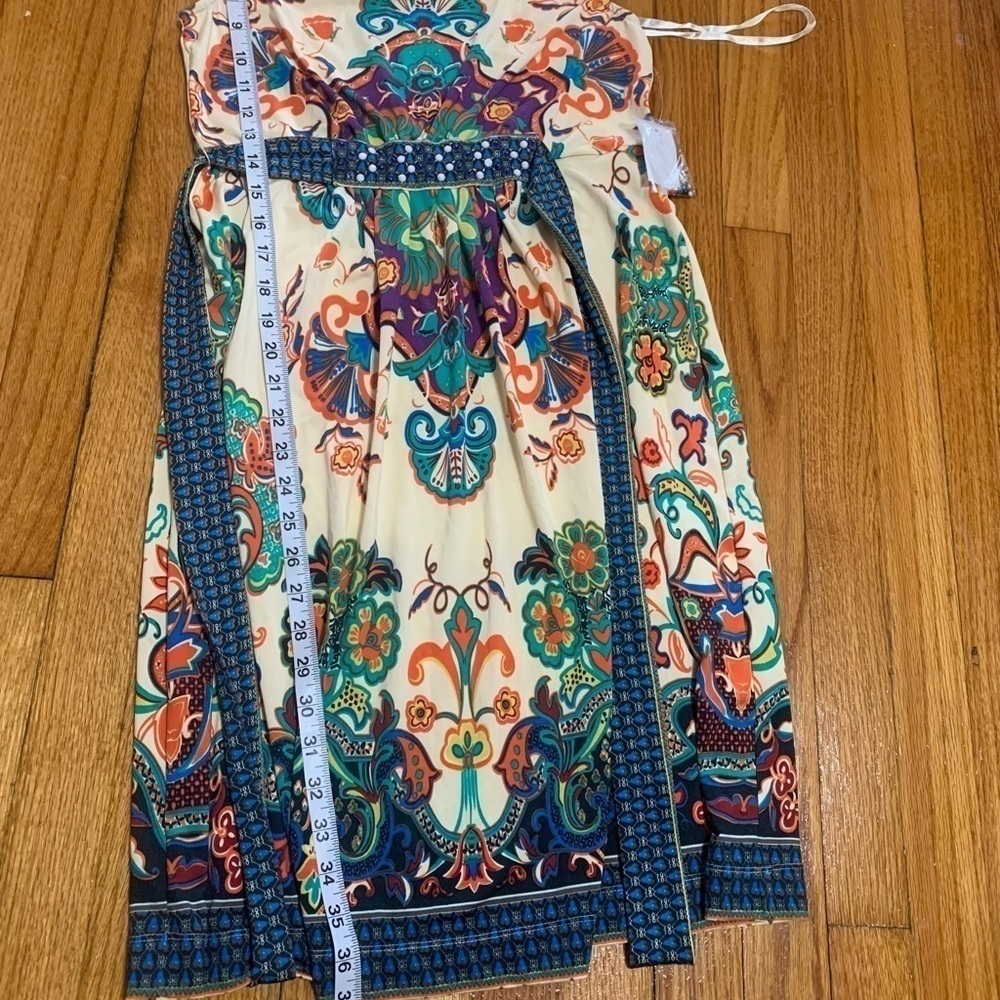 ECI FLARED EMBELLISHED BEADED PRINT DRESS w/ BELT - COLORFUL SIZE 4 - Picture 11 of 13